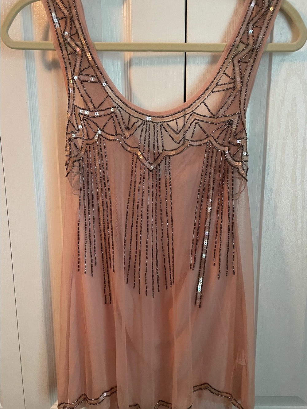 Vanity Sheer Front Blush Pink Sequin/Beaded Tank Top, Medium